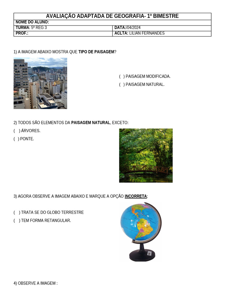 Avaliação de Geografia Adaptada 5º Ano | PDF | Continente | Brasil