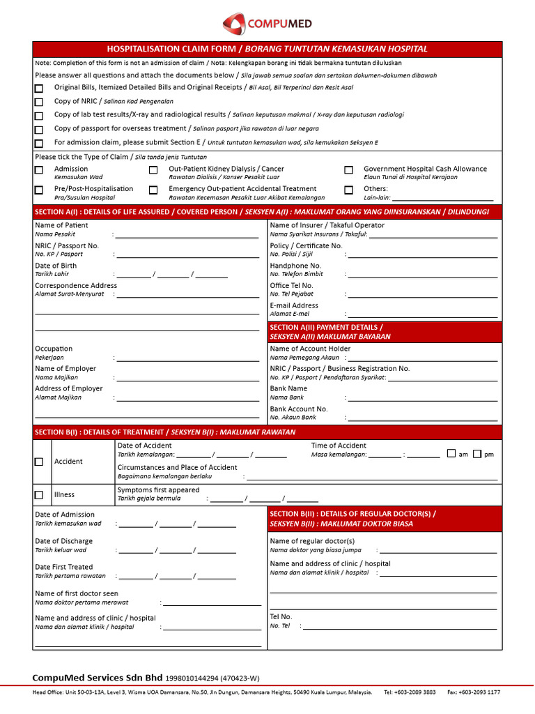 CompuMed Hospitalisation Claim Form | PDF | Medicine | Diseases And ...