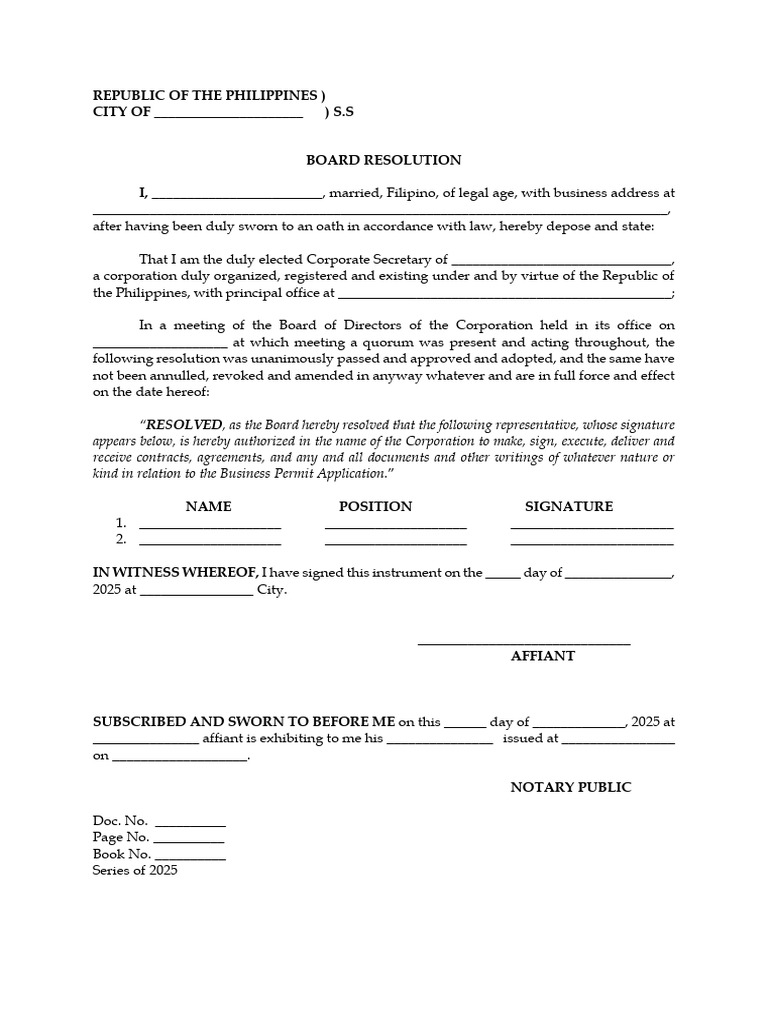 Board Resolution for Business Permit Authorization | PDF