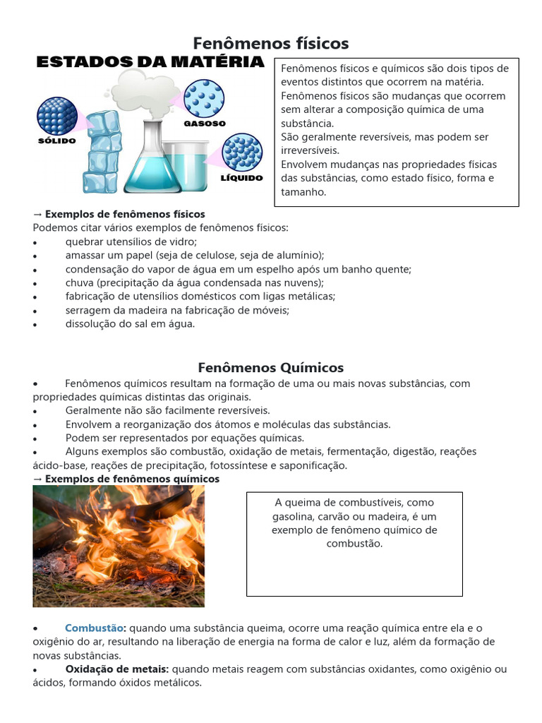 Exemplos de Fenômenos Físicos e Químicos | PDF | Química | Reações químicas