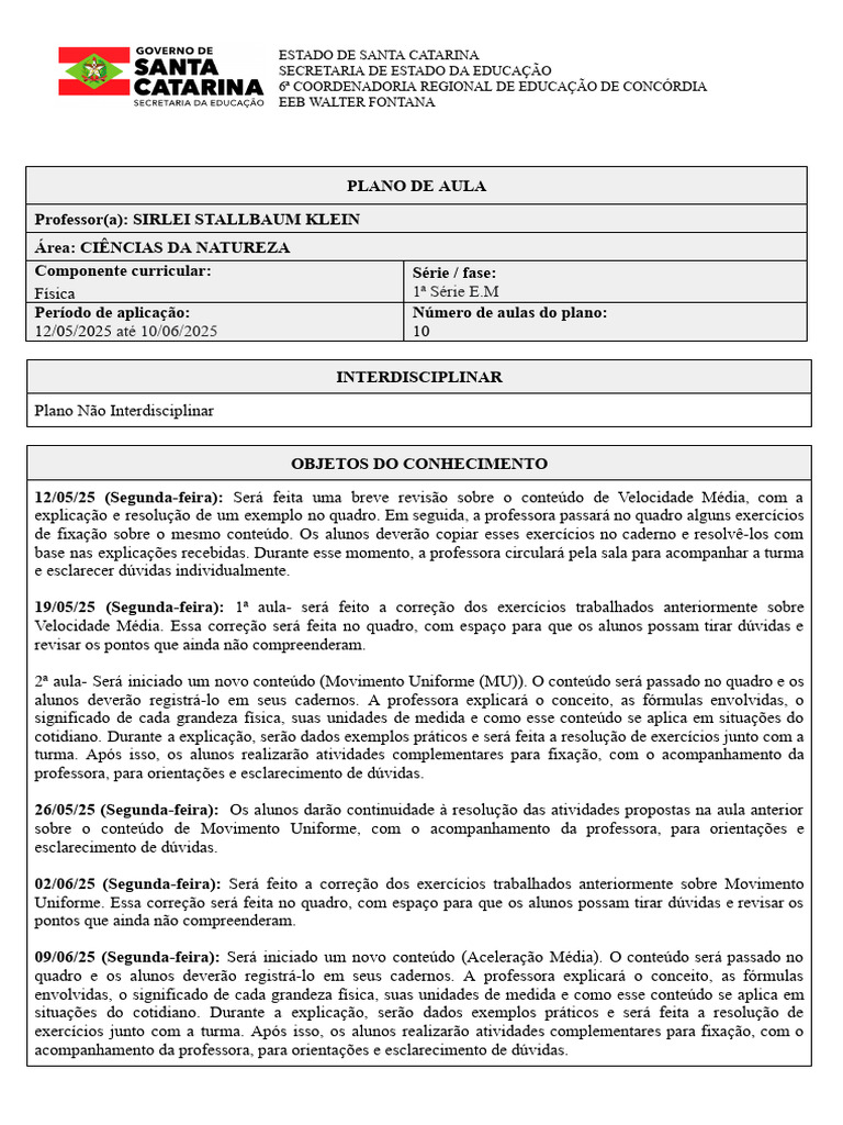 Plano de Aula: Física para 1ª Série E.M. | PDF