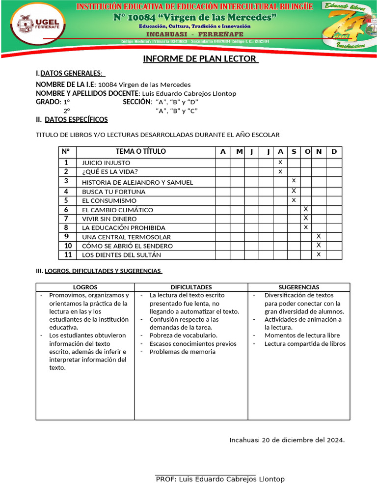 Informe de Plan Lector 2024 | PDF | Cognición | Aprendizaje