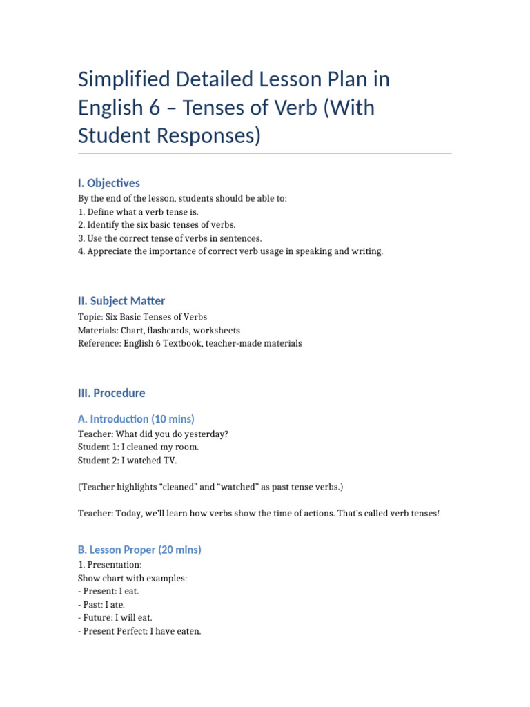 Simplified Detailed Lesson Plan English6 Tenses | PDF