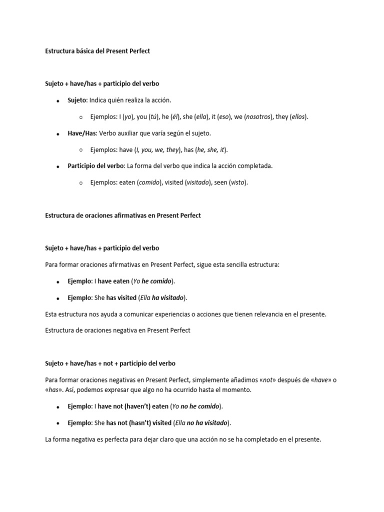 Estructura del Present Perfect Negativo | PDF | Verbo | Asunto (gramática)