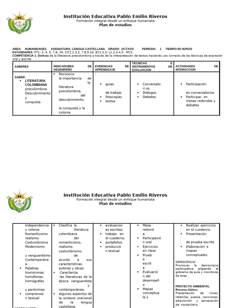 Plan de Estudios de Lengua Castellana 8° | PDF | Plan de estudios ...