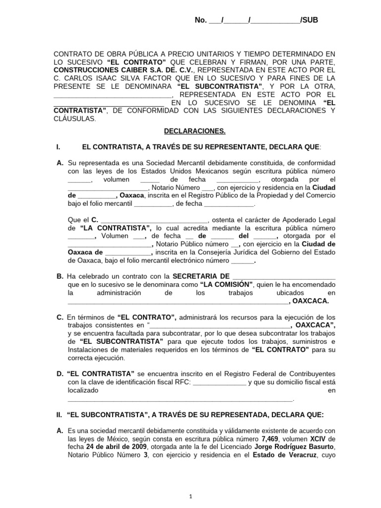 Contrato de Subcontratación de Obra Pública | PDF | Contratista general ...
