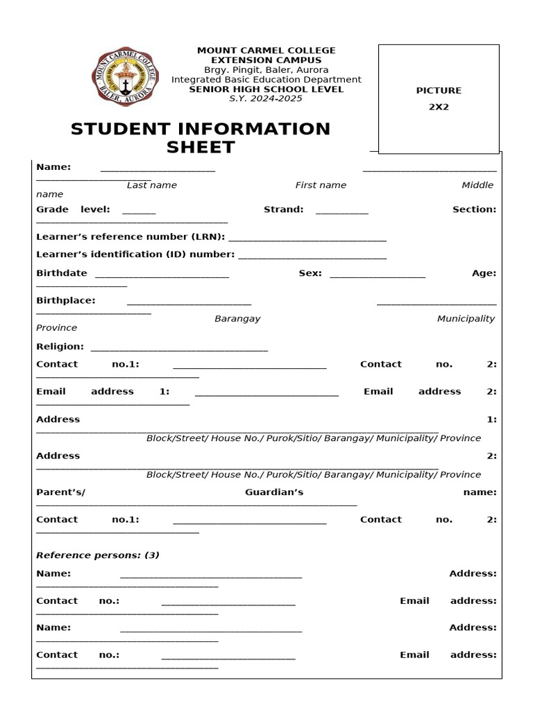 Senior High School Student Info Sheet | PDF