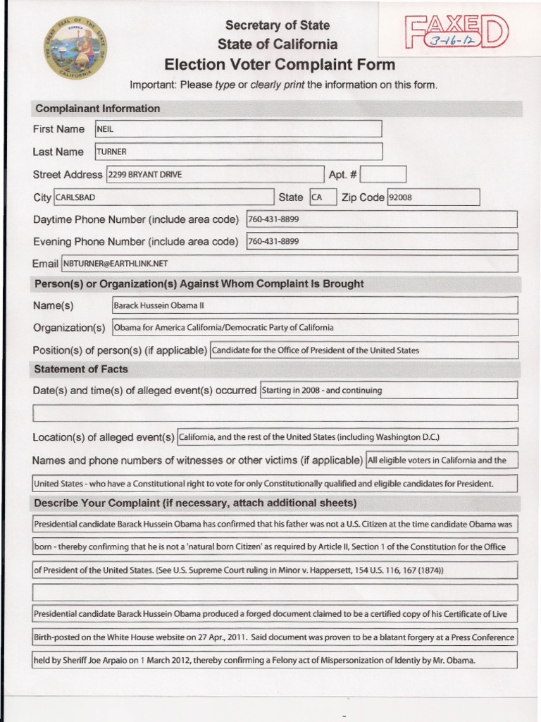 California Voter Complaint Against Obama | PDF