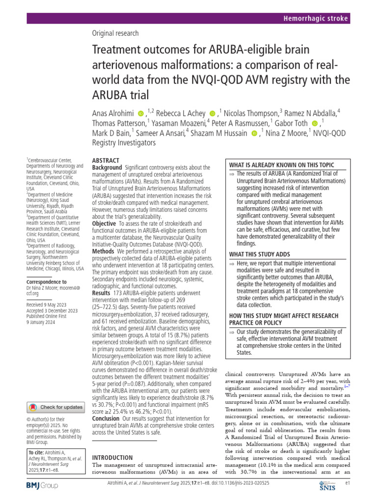 ARUBA-Eligible AVM Treatment Outcomes | PDF | Stroke | Medical Imaging