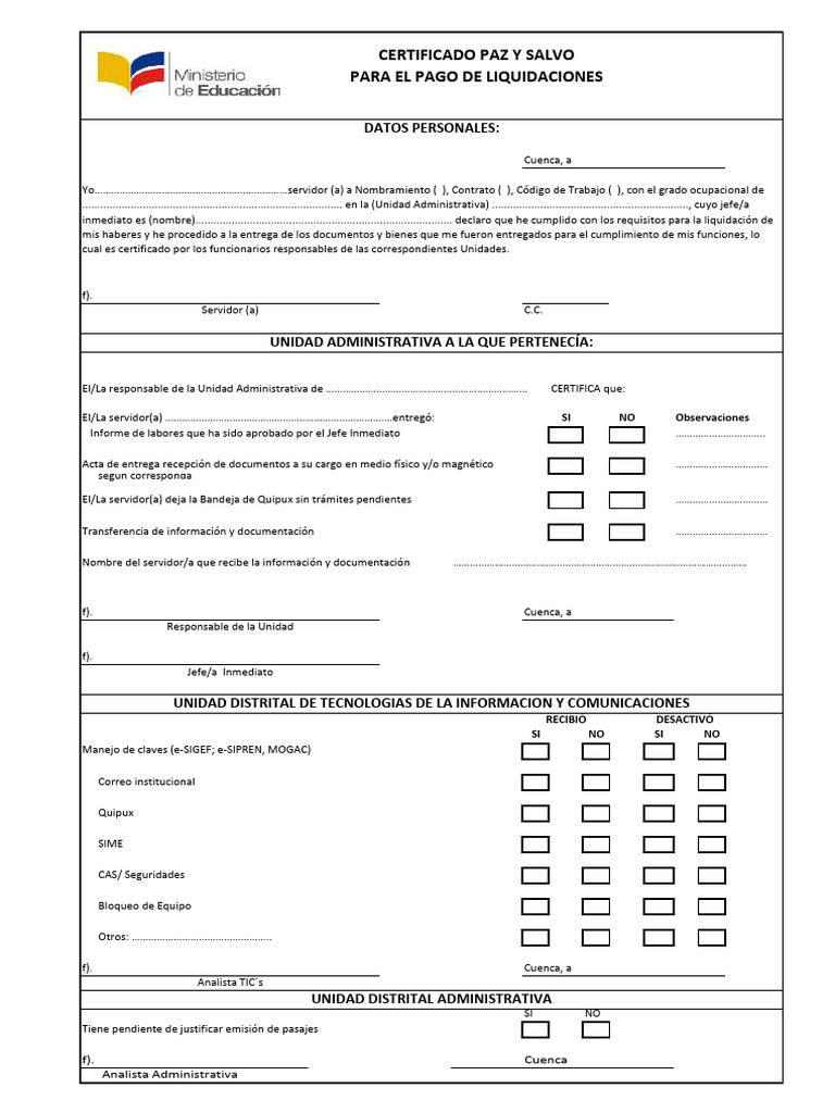 Certificado de Paz y Salvo para Liquidaciones | PDF