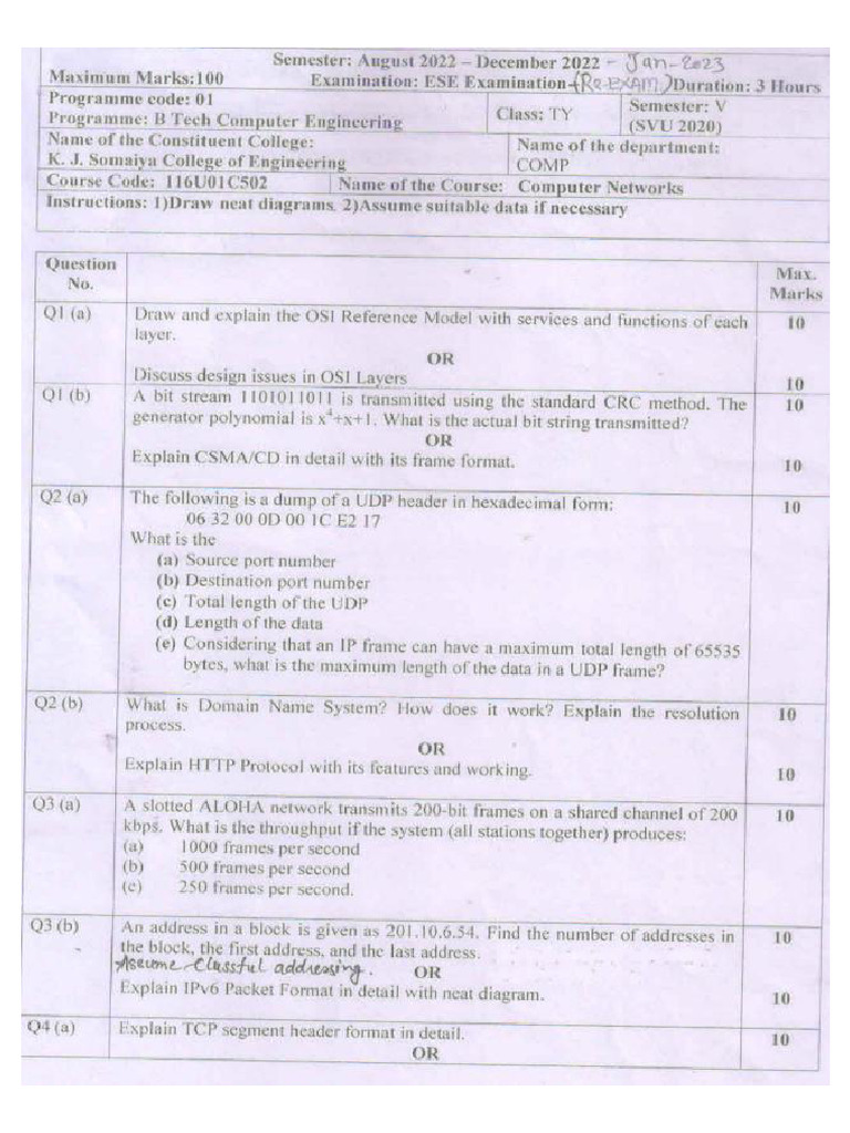 Computer Networks Past Paper1 End Sem | PDF