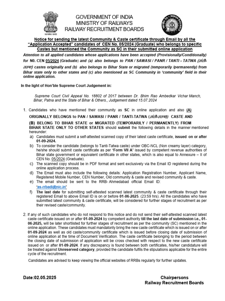 CEN 05/2024: Caste Certificate Submission | PDF | Government