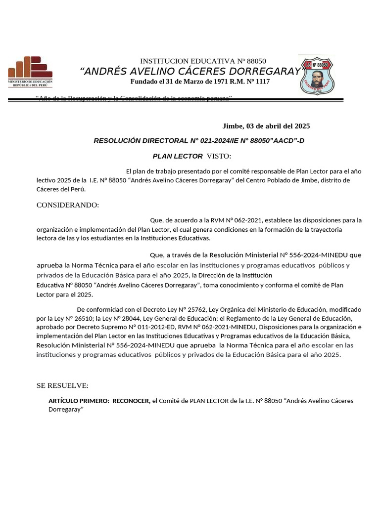 Plan Lector 2025-88050 | PDF | Salón de clases | Aprendizaje