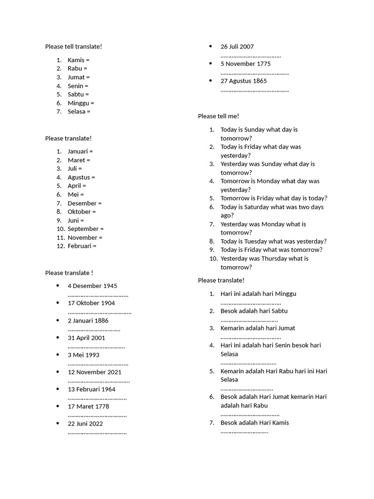 Soal Bahasa Inggris: Hari dan Tanggal | PDF