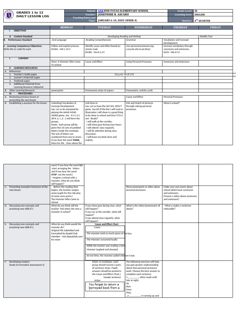 Grade 3 English Daily Lesson Plan | PDF | Behavior Modification ...