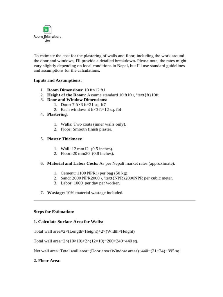 Plastering Cost Estimate for 10x12 ft Room | PDF | Wall | Sand