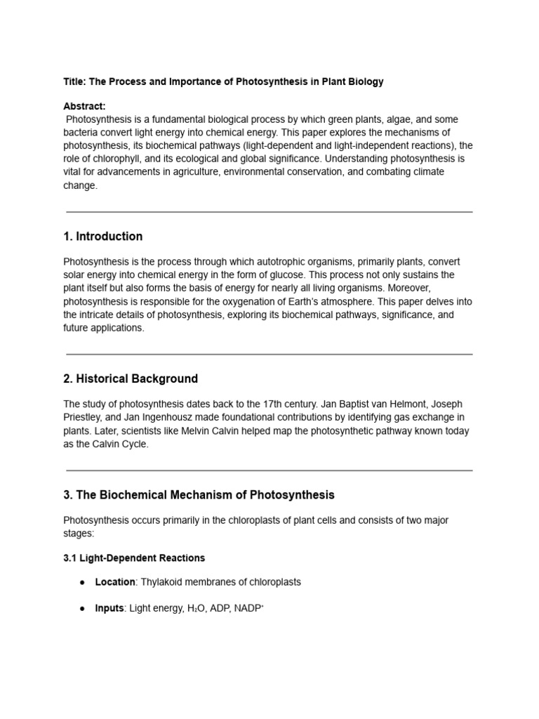 The Process and Importance of Photosynthesis in Plant Biology | PDF ...