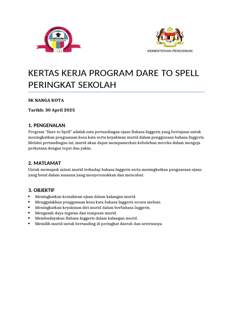 Program Dare to Spell SK Nanga Kota 2025 | PDF
