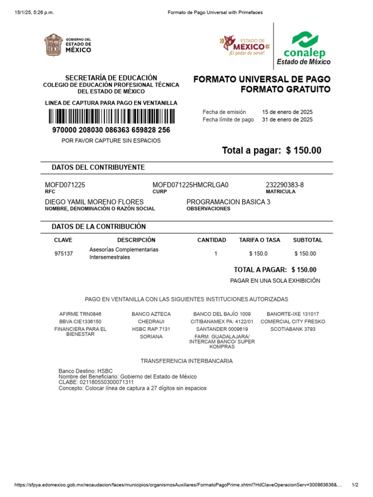 Formato de Pago Universitario Edomex | PDF | Finanzas personales | Bancario