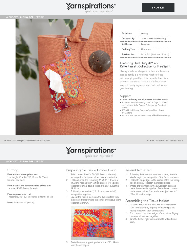 Coats & Clark Sewing Ah-Choo! Tissue Holder Pattern | PDF | Seam ...