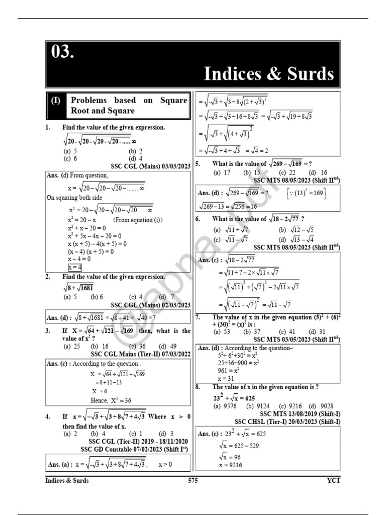 Square Roots and Indices Problems | PDF | Mathematics | Mathematical ...