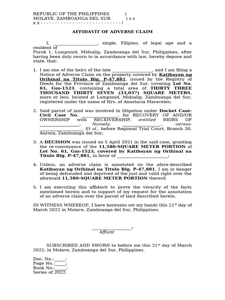Affidavit of Adverse Claim in Zamboanga | PDF