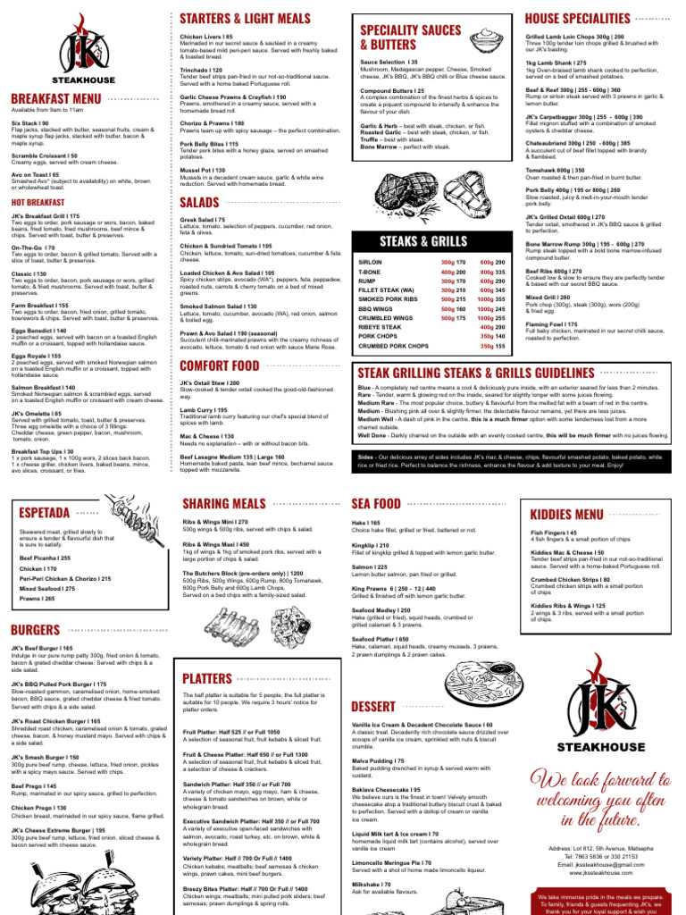 JK's Steakhouse Menu Overview | PDF | Steak | Sausage