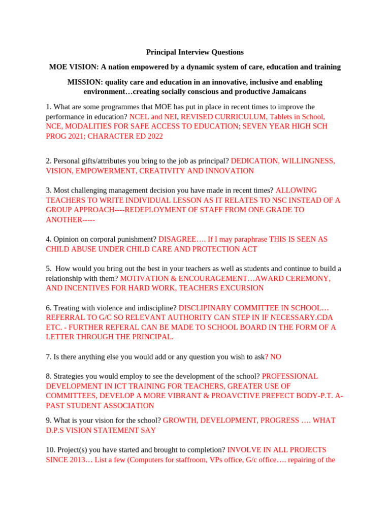 Essential Principal Interview Questions | PDF | Teachers | Learning