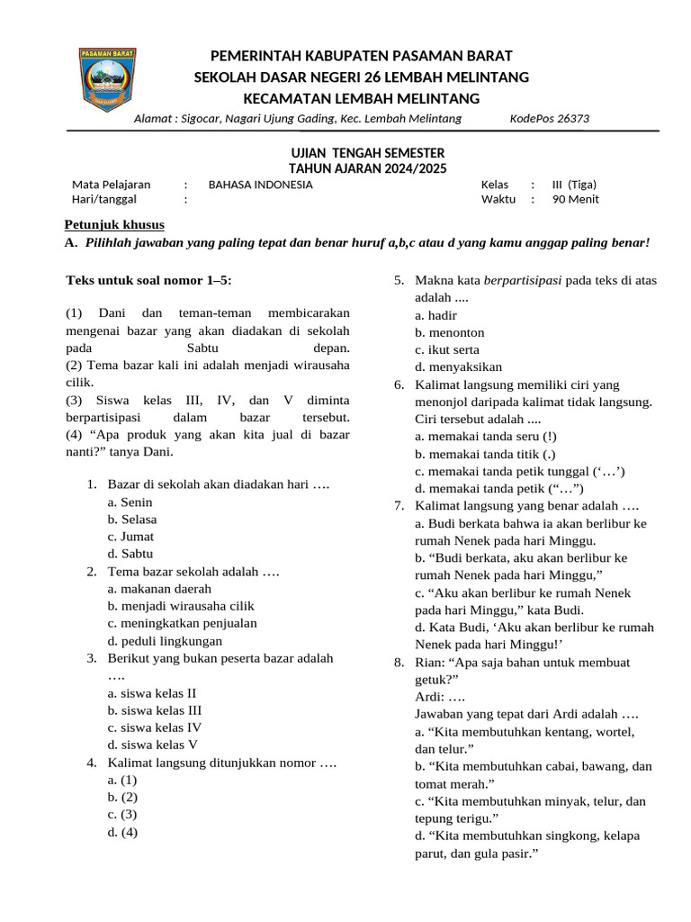 Ujian Bahasa Indonesia Kelas 3 SD | PDF