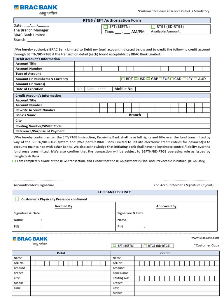 Rtgs Eft Authorization Form | PDF | Debit Card | Banks