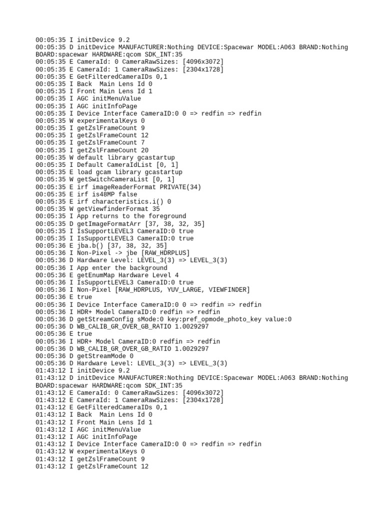 Camera Initialization Log for Spacewar Device | PDF