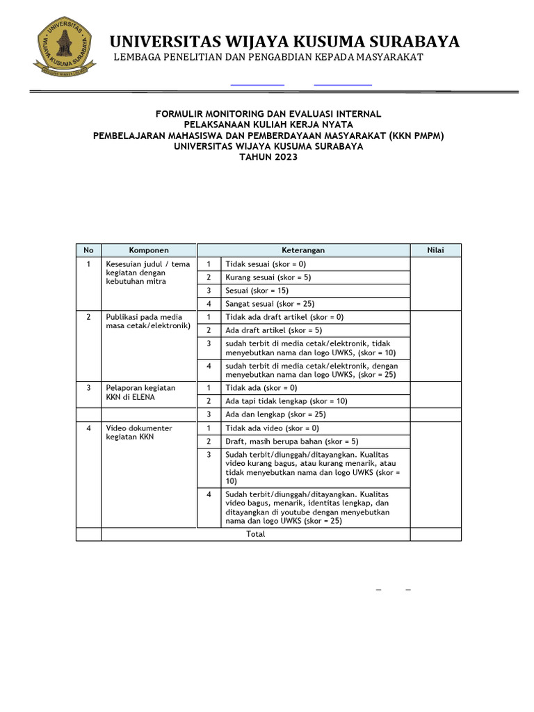 Form Monev Internal KKN 2023 | PDF
