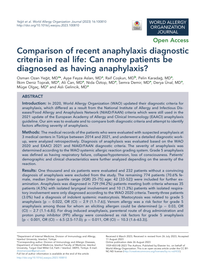 Anaphylaxis Diagnostic Criteria Comparison | PDF | Allergy | Allergen