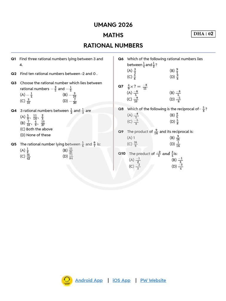 UMANG 2026 Maths Rational Numbers: Android App iOS App PW Website | PDF ...