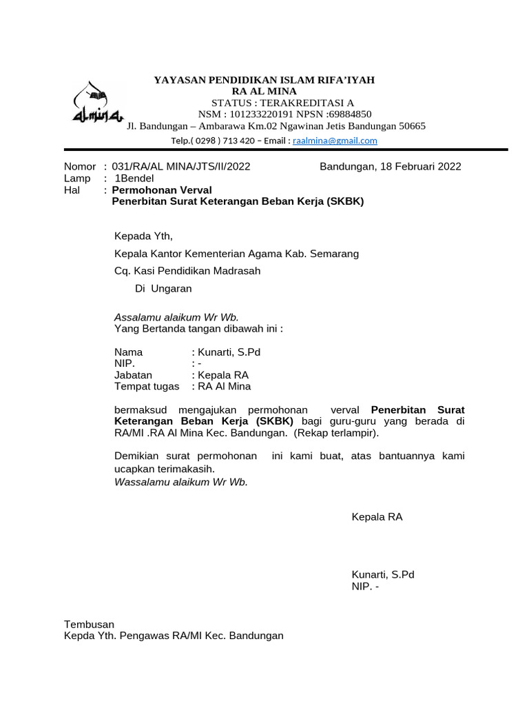 Permohonan SKBK RA Al Mina 2022 | PDF