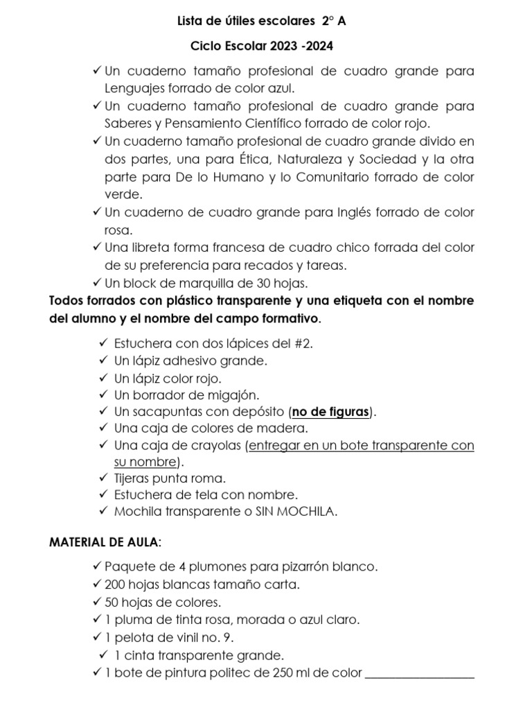 LISTA DE UTILES 2 A CICLO ESCOLAR 2024-2025 | PDF