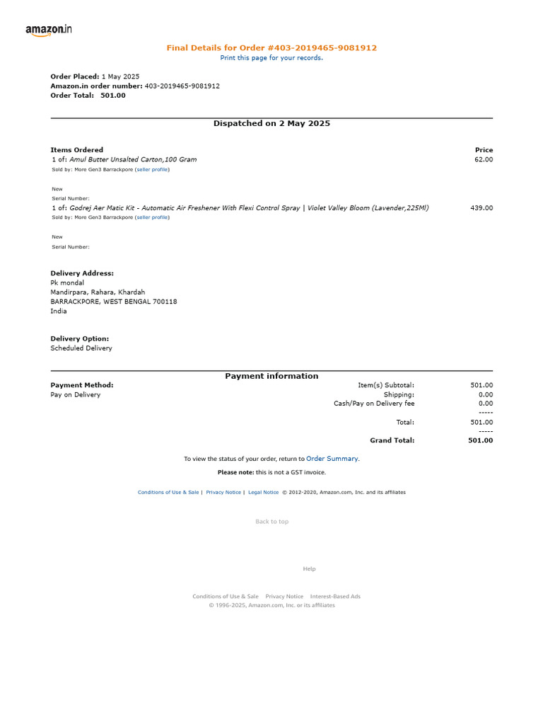 Amazon - in - Order 403-2019465-9081912 | PDF | Business | Payments