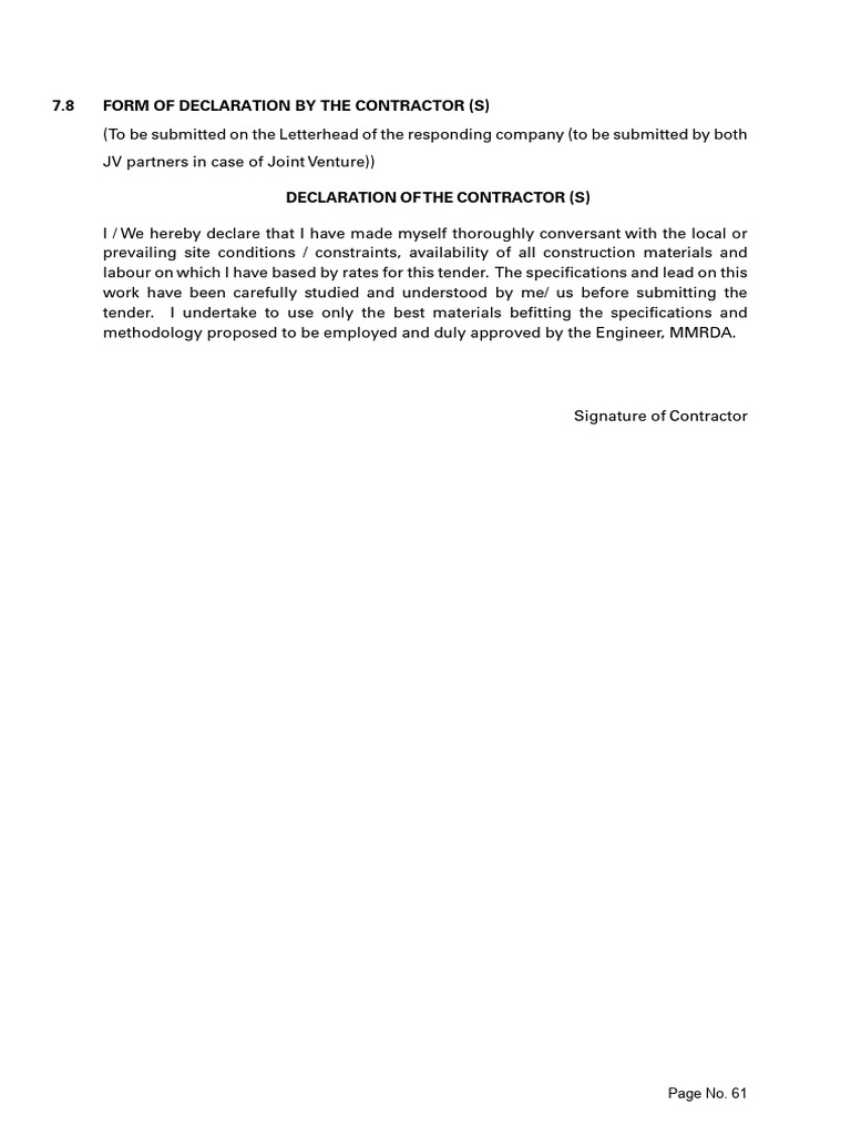 7.8 Form of Declaration by The Contractor (S) : Page No. 61 | PDF