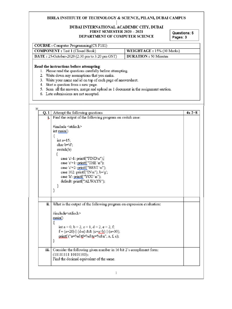 Computer Programming Tests at BITS Pilani Dubai | PDF | C Sharp ...