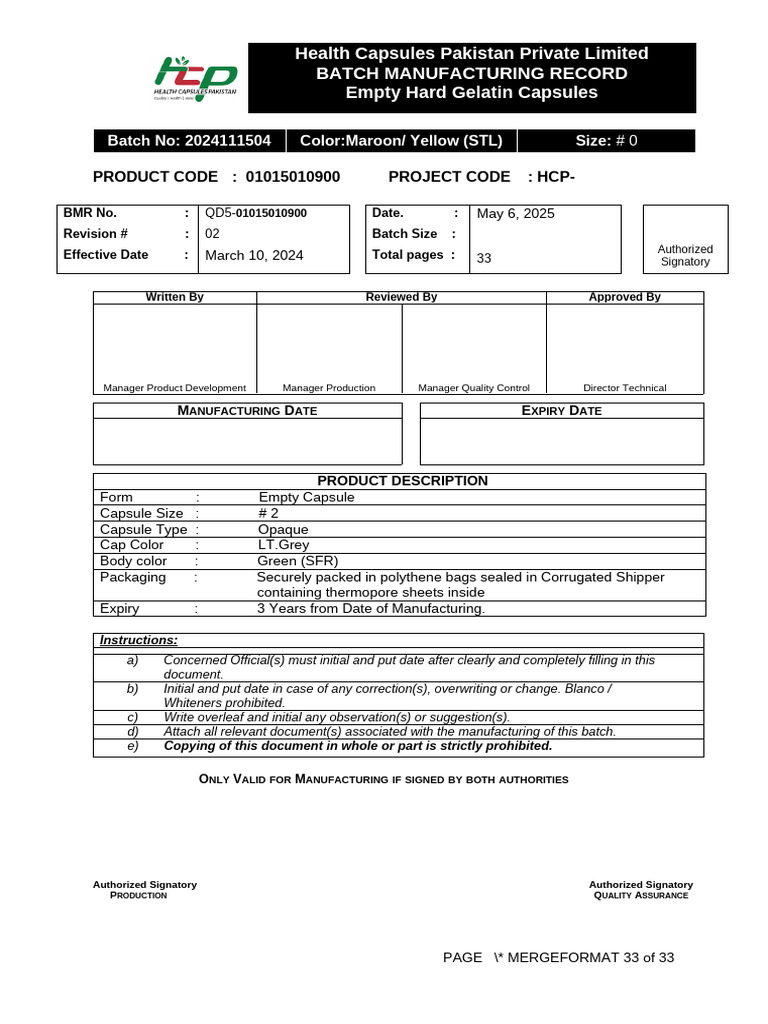 Batch Record for Size #0 Capsules | PDF | Barrel