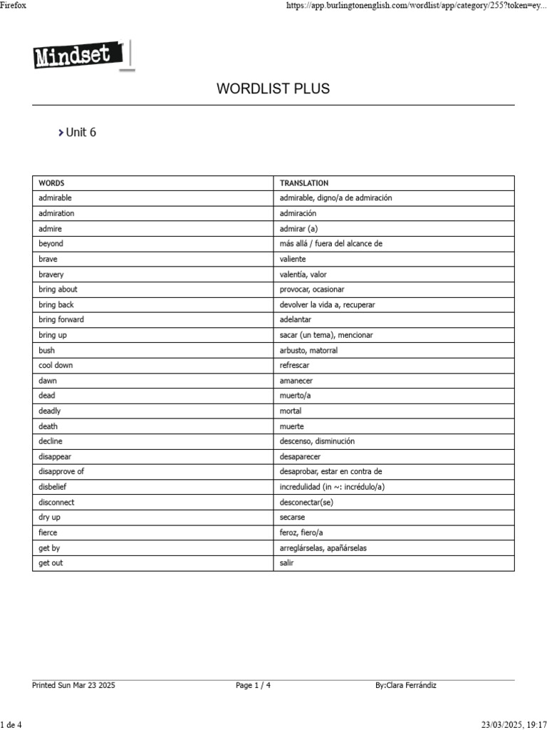 Vocabulario Unit 6 Mindset 1 | PDF