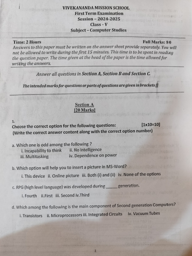 Class V Computer Studies Exam Paper | PDF | Microsoft Word | Scratch ...