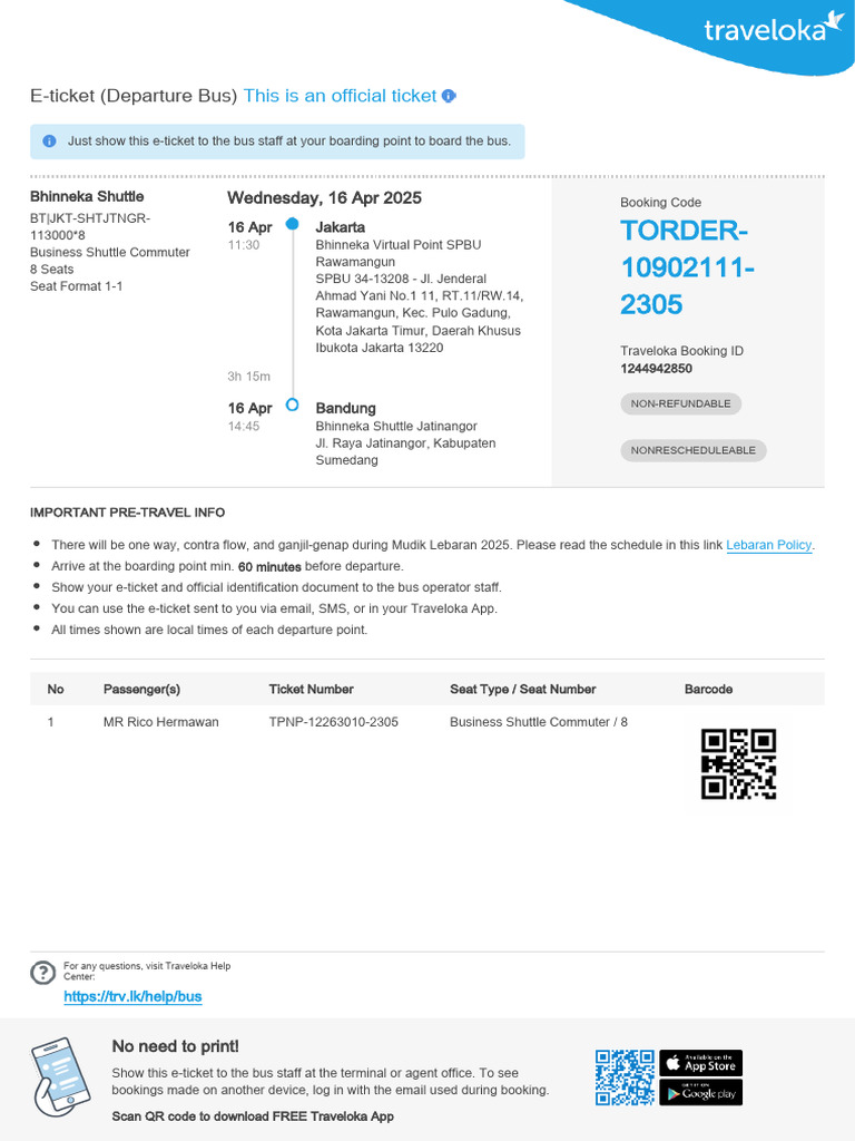 Bhinneka Shuttle E-Ticket Details | PDF