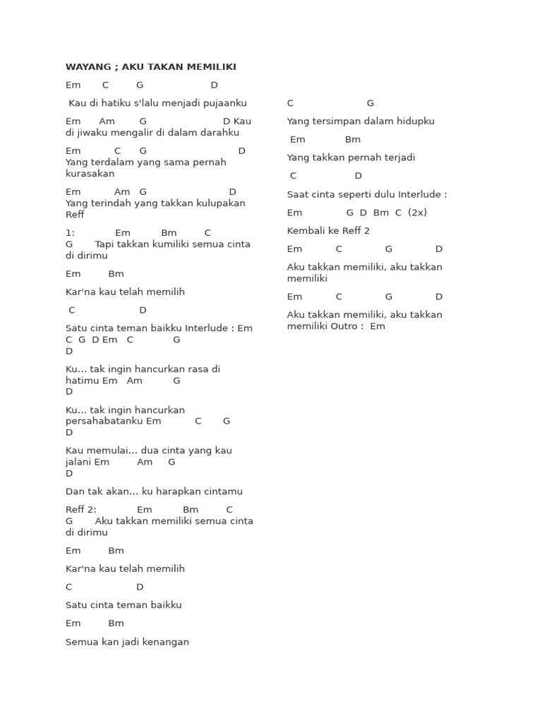 Chord Lagu Wayang: Aku Takkan Memiliki | PDF
