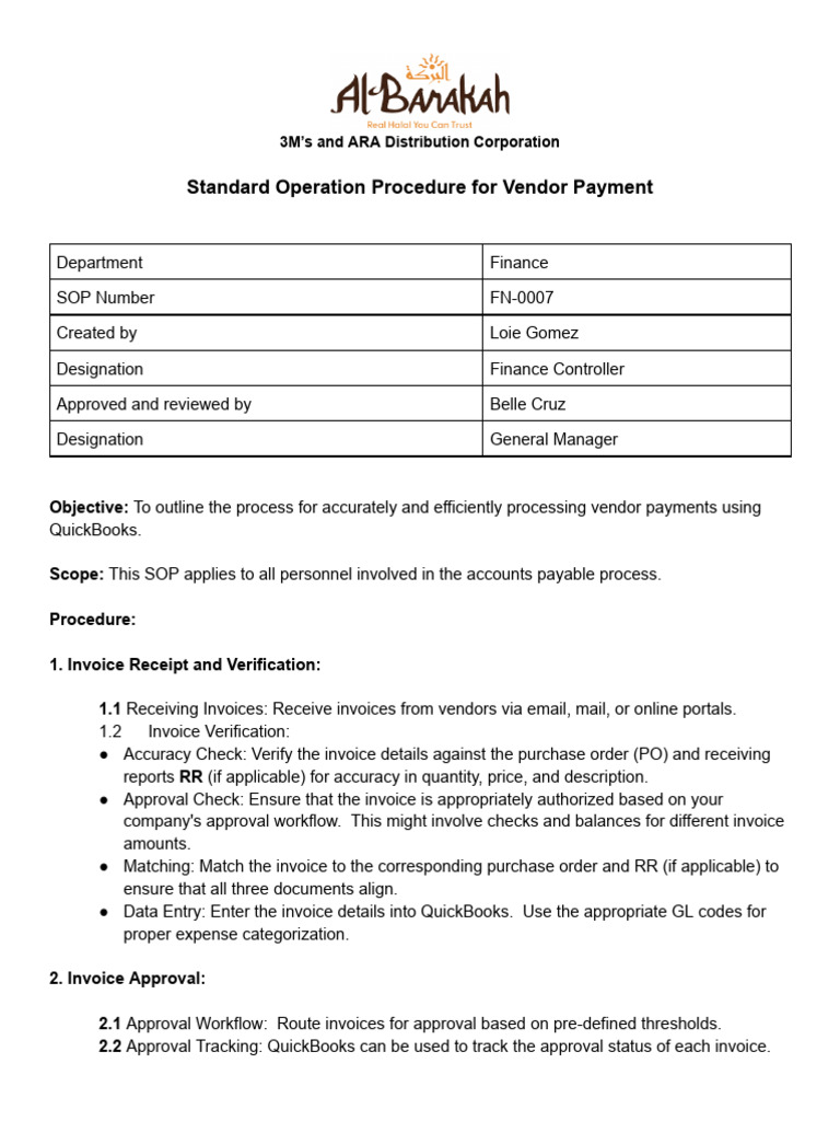 SOP for Vendor Payment Processing | PDF | Invoice