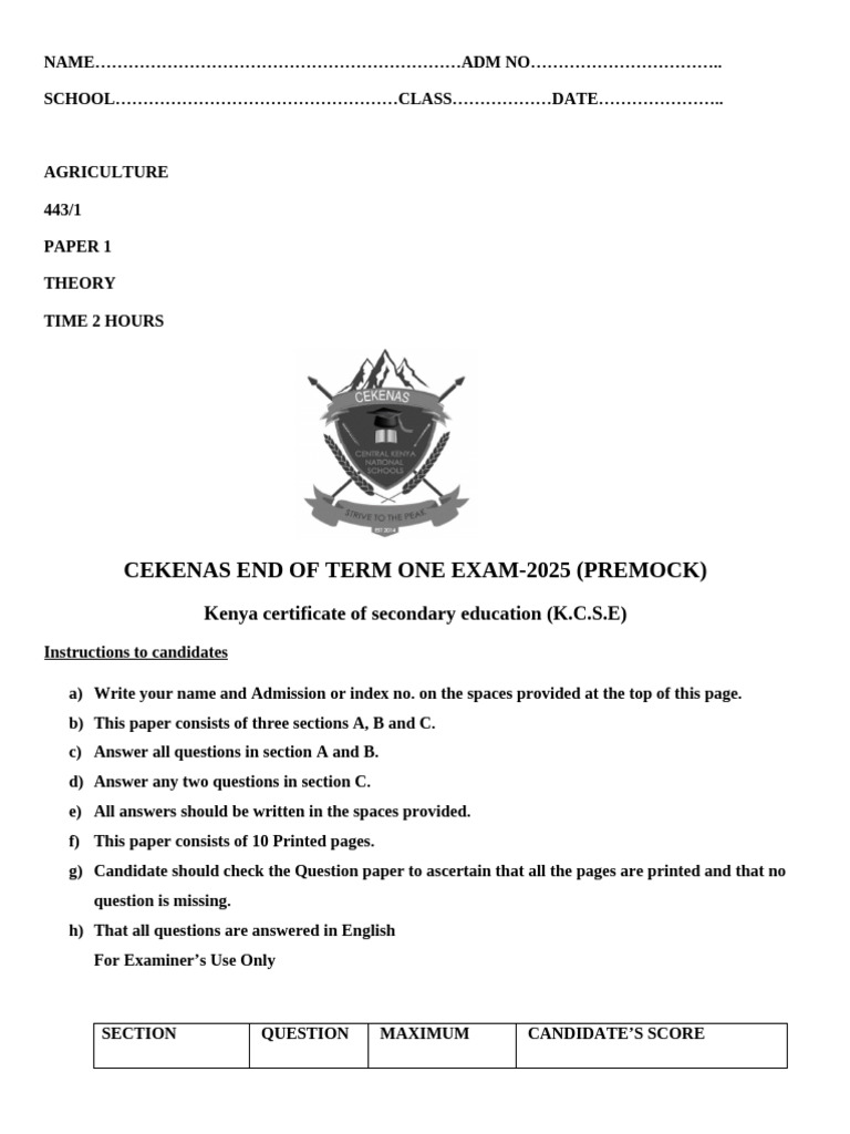 KCSE Agriculture Paper 1 Mock Exam 2025 | PDF | Fertilizer | Agriculture