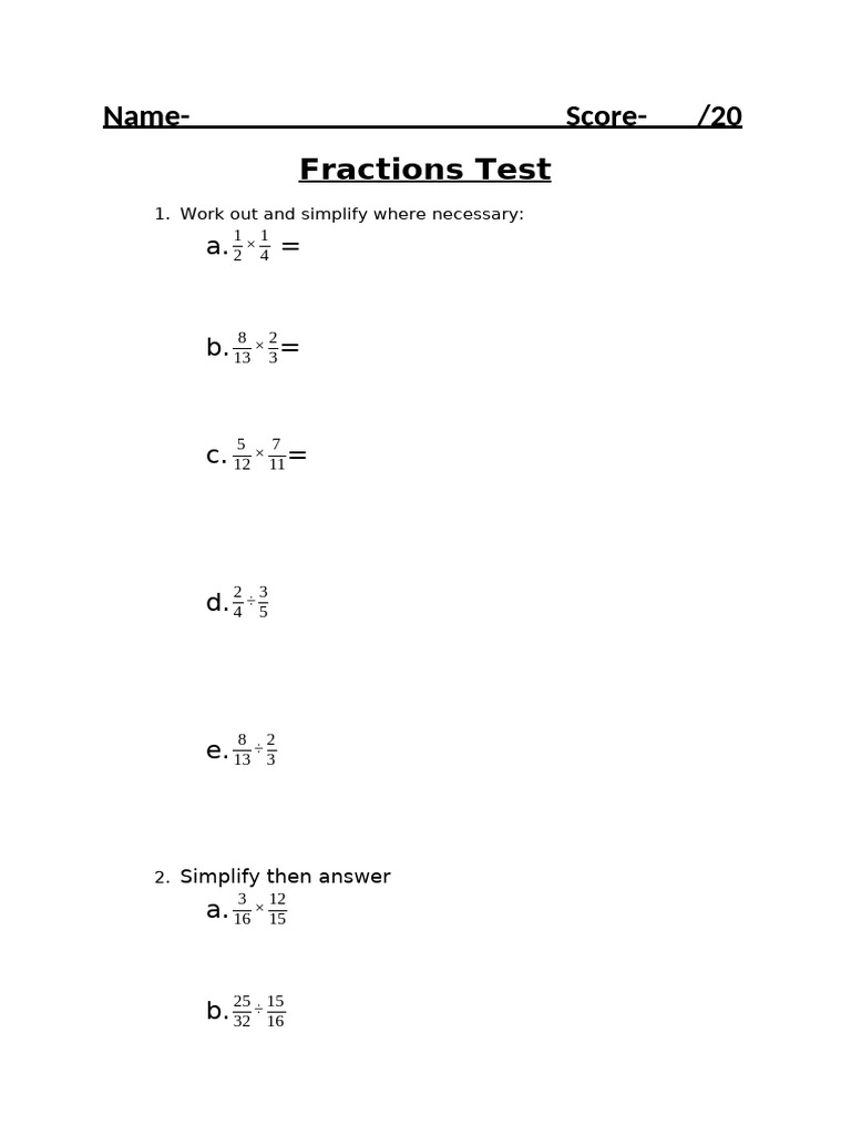 Fractions Test: Simplification & Conversion | PDF