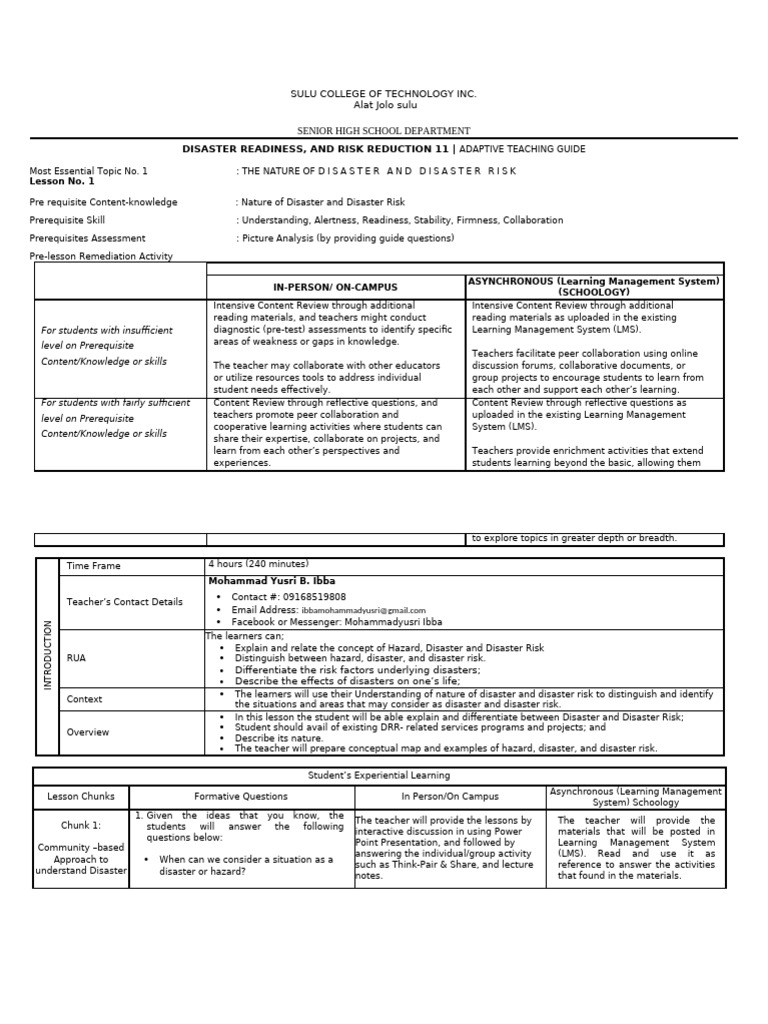 ATG Disater Readiness and Risk Reduction LESSON1 | PDF | Learning ...