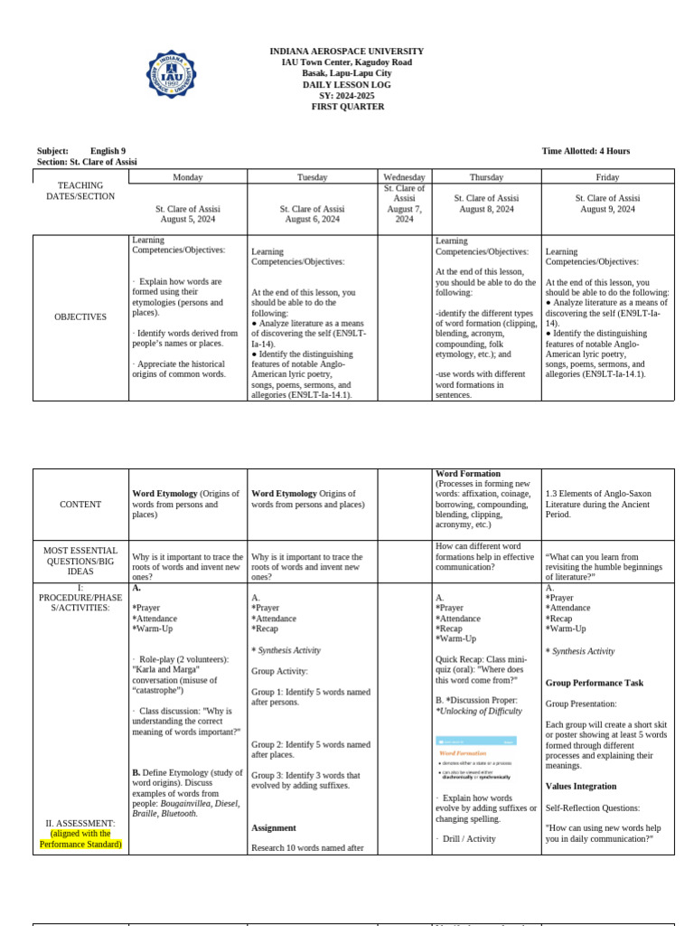 English 9 Daily Lesson Log: Word Etymology | PDF | Argument ...
