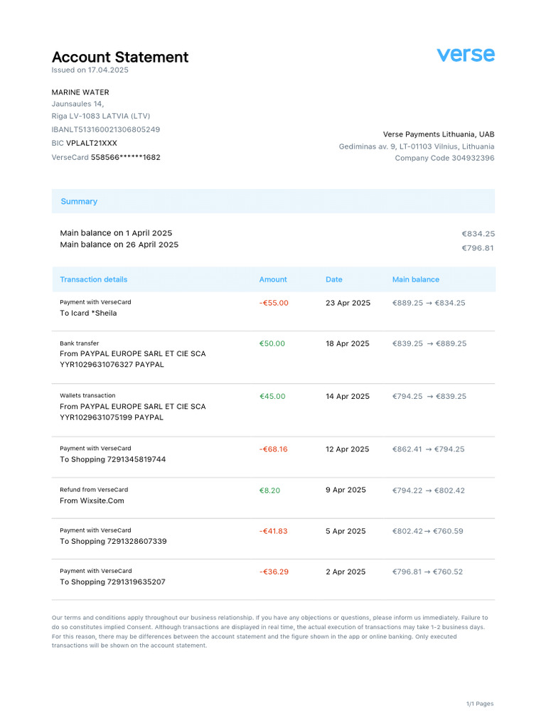 Verse Statement 20250427001 | PDF | Pay Pal | Payments